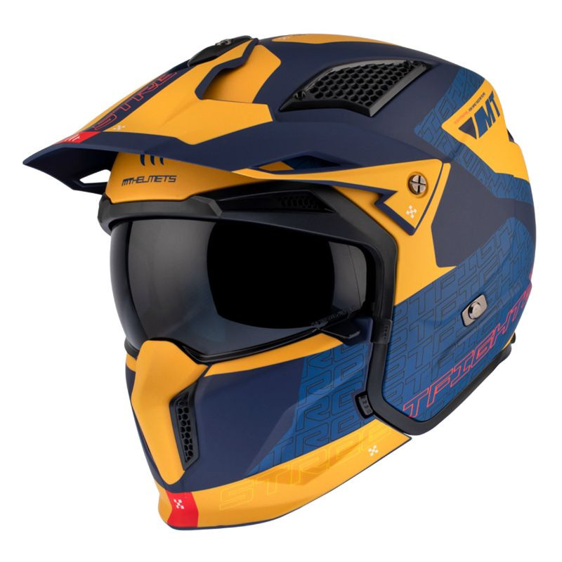 CASQUE TRIAL MT STREETFIGHTER SV TOTEM C3 BLEU/OR MAT   S  SIMPLE ECRAN TRANSPARENT TRANSFORMABLE AVEC MENTONNIERE AMOVIBLE (LIVRE AVEC UN ECRAN SUPPLEMENTAIRE DARK) (ECE 22.06)
