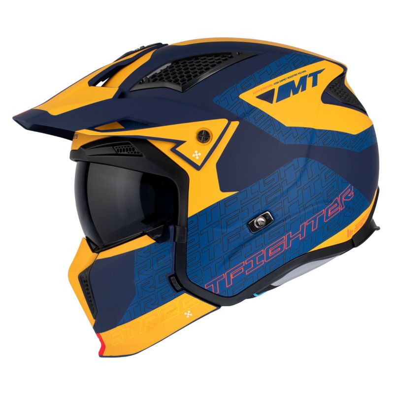 CASQUE TRIAL MT STREETFIGHTER SV TOTEM C3 BLEU/OR MAT   S  SIMPLE ECRAN TRANSPARENT TRANSFORMABLE AVEC MENTONNIERE AMOVIBLE (LIVRE AVEC UN ECRAN SUPPLEMENTAIRE DARK) (ECE 22.06)